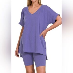 Zenana Lavender V-Neck Short Sleeve Hi-Low Hem & Biker Short Loungewear Set